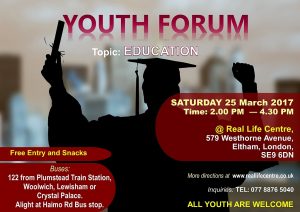 Advert and Invitation to YOUTH FORUM at Real Life Centre in Eltham, London.