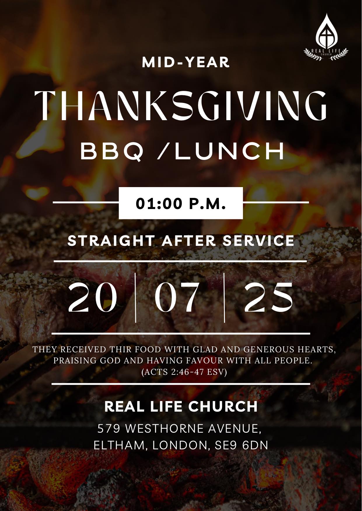 Mid-Year thankssgiving Barbeque Lunch flyer. Event at Real Life Church, Eltham